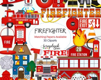 FIREFIGHTER Clipart, 30 png Clipart files, Instant Download hose dalmation dog fire hydrant cone truck engine sprinkler flame heat