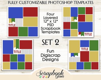 Digital Scrapbook Layered Photo Templates, 12" x 12", PSD Format digiscrap photoshop collage editable customizable