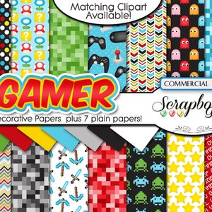 GAMER Video Game Clipart & Papers Kit, 34 png Clipart files, 21 jpeg Paper files, Instant Download arcade, computer, xbox game, joystick image 2