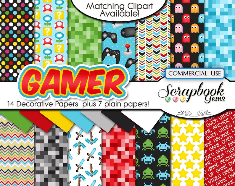 GAMER Video Game Clipart & Papers Kit, 34 png Clipart files, 21 jpeg Paper files, Instant Download arcade, computer, xbox game, joystick image 2