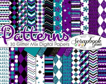 Purple, Teal, & Black GLITTER MIX Digital Papers, 30 Pieces, 12" x 12" High Quality digiscrap patterns Commercial Use Scrapbook