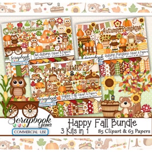 HAPPY FALL BUNDLE - 3 Kits in 1, 85 Cliparts & 63 Papieren, Instant Download, Herbst, Thanksgiving, Eichhörnchen, Eule, Sonnenblume, Eicheln, Kürbisse