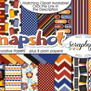 May include: A digital scrapbook paper pack with 14 decorative papers and 8 plain papers. The papers feature a variety of patterns, including polka dots, stripes, arrows, and camera film. The papers are in shades of red, orange, blue, and yellow. The text "Snapshot Scrapbook Gems" is in the center of the image.