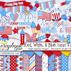 RED, WHITE, & BLUE Clipart and Papers Kit, 36 png Clipart Dateien, 20 jpeg Dateien, Instant Download Unabhängigkeit, 4. Juli, Feuerwerk, amerikanisch