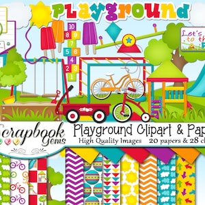 PLAYGROUND Clipart and Papers Kit, 28 png Clip arts, 20 jpeg Papers Instant Download swings slide sandbox treehouse popsicle wagon bike sun