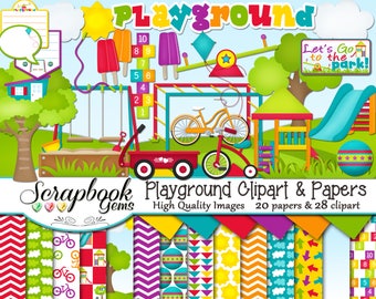 PLAYGROUND Clipart and Papers Kit, 28 png Clip arts, 20 jpeg Papers Instant Download swings slide sandbox treehouse popsicle wagon bike sun