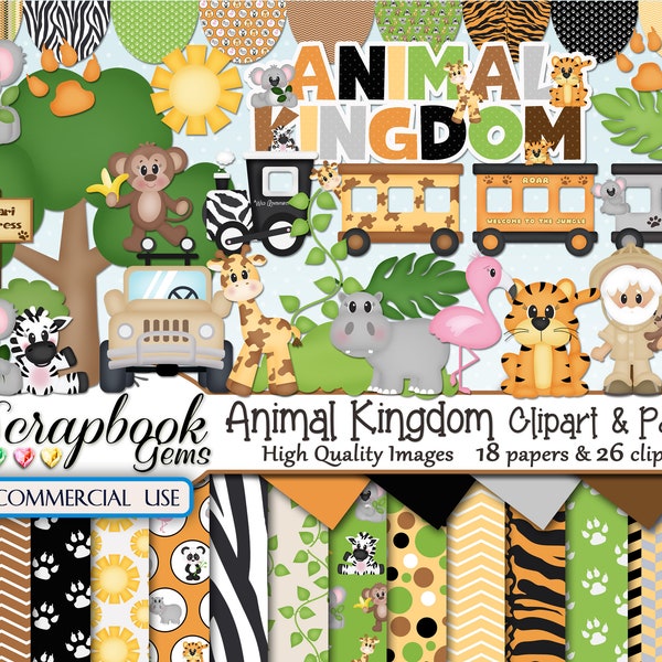 ANIMAL KINGDOM Clipart & Papers Kit, 26 png Clipart files, 18 jpeg Paper files, Instant Download zoo safari jungle, zoo train, koala, panda