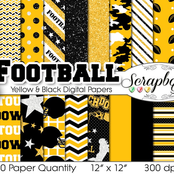Football Digital Papers Black & Yellow, 20 Pieces, 12" x 12", High Quality JPEG files, Instant Download Commercial Use Sports rugby