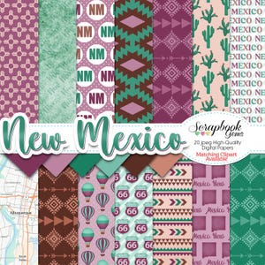 May include: A set of 20 digital papers featuring Southwestern designs. The papers include patterns with turquoise, pink, brown, and white colors. The patterns include cacti, hot air balloons, Route 66 signs, and geometric designs. The papers are labeled "New Mexico" and "Scrapbook Gems".