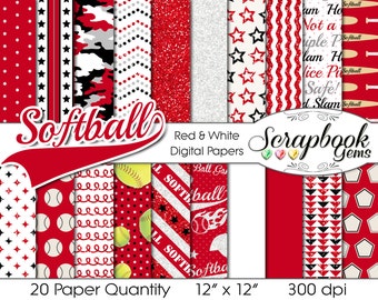 SOFTBALL Digital Papers Red, White, & Black, 20 Pieces, 12" x 12", High Quality JPEG files, Instant Download Commercial Sports digiscrap