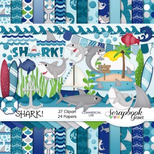 HAI! Clip Art & Papers Kit, 27 png Clipart Dateien, 24 jpeg Papierdateien, Sofort Download, Strand, Meer, Haifischflosse, tropisch, Surfboard Wasser