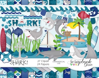 SHARK! Clipart & Papers Kit, 27 png Clipart files, 24 jpeg Paper files, Instant Download, beach, ocean, shark fin, tropical, surfboard water