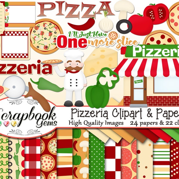 PIZZERIA Clipart and Papers Kit, 24 png Clip arts, 22 jpeg Papers Instant Download pizza pepperoni food tomato jalapeno pepper olive