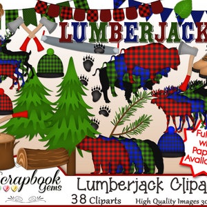 May include: A collection of "Lumberjack" themed clip art. Includes axes, trees, animals, hats, boots, and banners. The animals are decorated with red, black, blue, and green plaid patterns. The text "LUMBERJACK" is displayed in red, blue, and green.