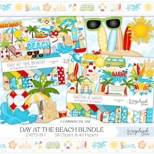 PACOTE Day at the Beach - 2 kits em 1, 58 clipart e 40 papéis, download instantâneo, areia, ondas, água, surf, pranchas de surf, castelo de areia, férias