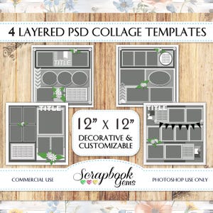 Könnte beinhalten: Vierlagige Photoshop-Collagevorlagen zum Scrapbooking. Jede Vorlage ist 30,5 cm x 30,5 cm groß und hat einen grauen Hintergrund mit weißen und schwarzen Akzenten. Die Vorlagen beinhalten einen Titelbereich, Fotobereiche und dekorative Elemente.