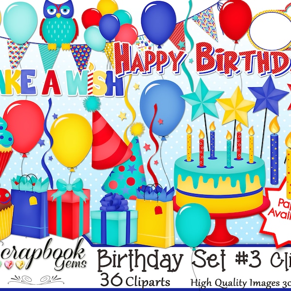 BIRTHDAY Set #3 Clipart, 36 png Clipart files Instant Download party parties banner balloon owl confetti candle gift cake cupcake commercial