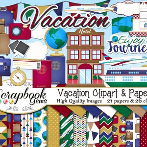 VACATION Clipart and Papers Kit, 26 png Clip Arts, 21 jpeg Papiere Instant Download Kreuzfahrtschiff Flugzeug Hotel Reise Reise Globus Gepäck