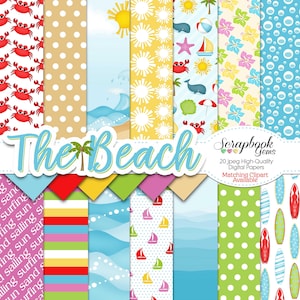 THE BEACH (Kit#2) Digital Papers, 20 Pieces, 12" x 12", High Quality JPEGs, Instant Download sandals sea shell sailboat crab sand palm tree