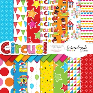 CIRCUS Digital Papers, 24 stuks, 12" x 12", hoge kwaliteit JPEG's Instant Download clown carnaval verjaardagsfeestje ballon amusement carnaval