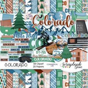 COLORADO Clipart et kit de papiers, 58 cliparts png, 20 papiers jpeg téléchargement immédiat États-Unis, station de ski, pic brochets, lodge, snowboard