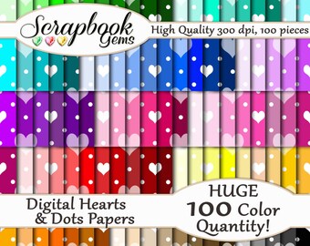 100 Hearts & Dots Valentine Digital Paper, 100 Pieces, 12" x 12", 300 dpi High Quality JPEG files, Instant Download