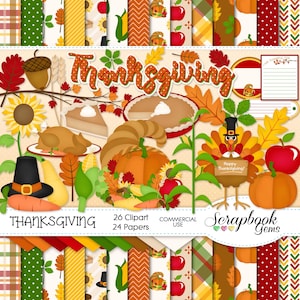 Kit di Clipart e documenti per il RINGRAZIAMENTO, 26 clipart png, 24 documenti jpeg Download immediato tacchino cornucopia torta di zucca autunno foglie autunnali
