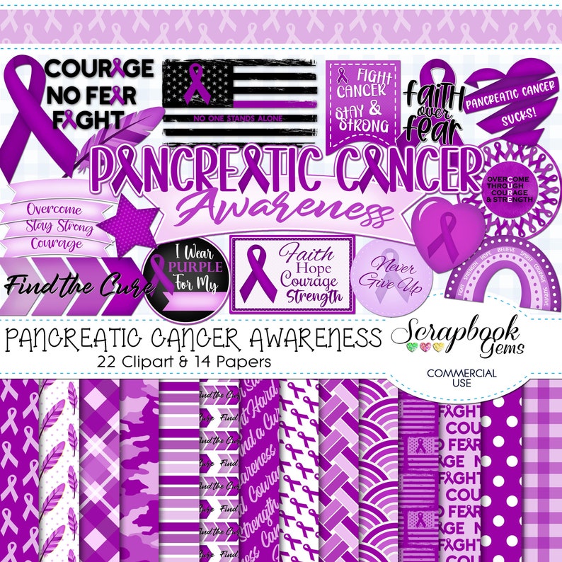 Pancrease Cancer Clip Art PANCREATIC CANCER Awareness Clipart & Papers Kit, 22 Png Clipart Files ...