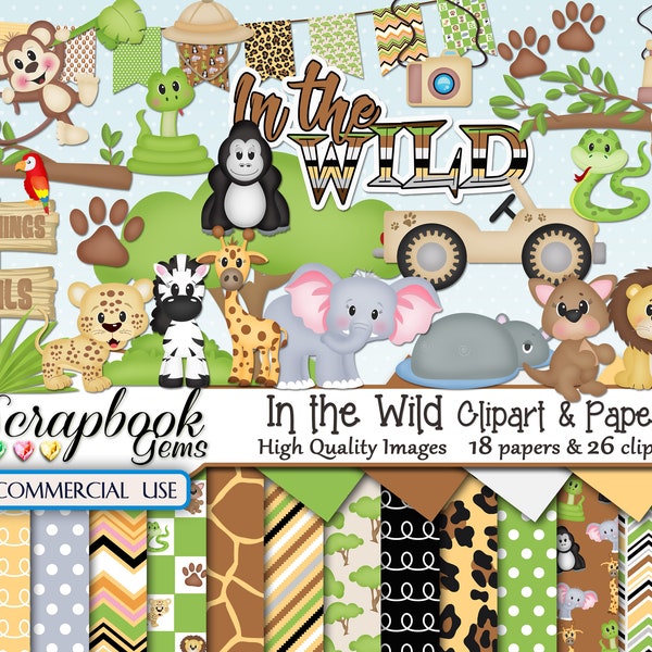 IN THE WILD Clipart & Papers Kit, 26 png Clipart files, 18 jpeg Paper files, Instant Download zoo safari jungle, gorilla, lion, elephant