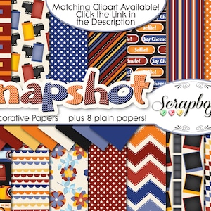 May include: A collection of scrapbook papers with various patterns, including arrows, polka dots, stripes, and film strips. The word "Snapshot" is displayed in a playful font. The image also includes text that says "14 Decorative Papers plus 8 plain papers!"