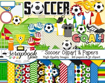 SOCCER Clipart and Papers Kit, 31 png Clip Arts, 20 jpeg Papers Instant Download goal post net soccer ball flame trophy flag sports futbol