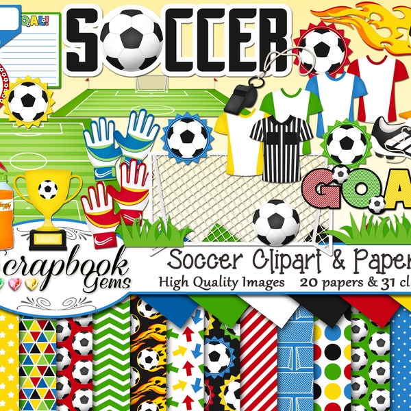 SOCCER Clipart and Papers Kit, 31 png Clip Arts, 20 jpeg Papers Instant Download goal post net soccer ball flame trophy flag sports futbol