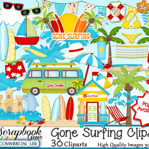 GONE SURFING Clipart, 36 png Clipart files, Instant Download kid crab sea ocean surf waves sand beach sailboat surf board bikini swim trunks