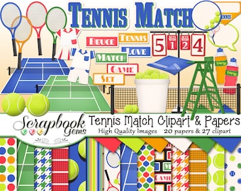 TENNIS MATCH Clipart and Papers Kit, 27 png Clip arts, 20 jpeg Papers Instant Download tennis racket ball court net water bottle sport drink