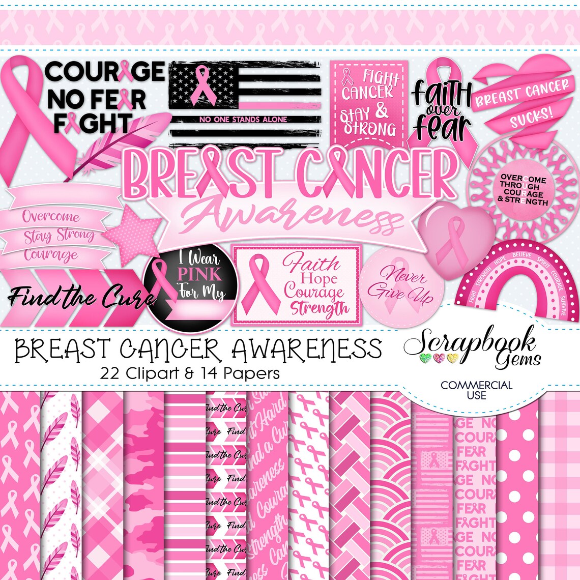 BREAST CANCER Awareness Clipart & Papers Kit, 22 Png Clipart Files, 14 ...