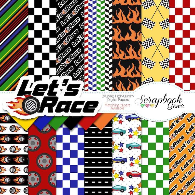 Racing Paper Pattern LET'S RACE Clipart and Papers Kit, 33 Png Clip Arts, 20 Jpeg Papers ...