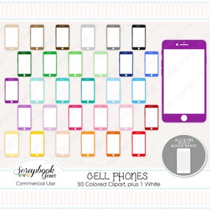 Puede incluir: Un conjunto de 30 imágenes de clipart de teléfonos móviles de colores, más una imagen de clipart de teléfono móvil blanco. Los teléfonos móviles tienen todos la misma forma y tamaño, pero son de diferentes colores. Los colores incluyen rojo, naranja, amarillo, verde, azul, morado, rosa, marrón, gris y negro.