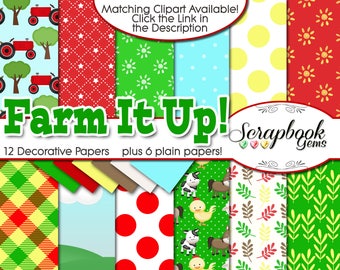 FARM IT UP! Digital Papers, 18 Pieces, 12" x 12", High Quality JPEGs, Instant Download Commercial Scrapbook cow horse pic chicken hen sheep