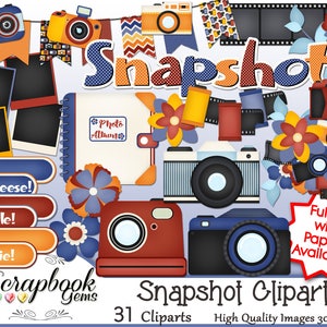 May include: A digital scrapbook clipart set with 31 images featuring cameras, film, flowers, and scrapbook elements in red, blue, yellow, and orange colors. The text "Snapshot Clipart" and "31 Cliparts" is included in the image. High quality images 300 dpi.