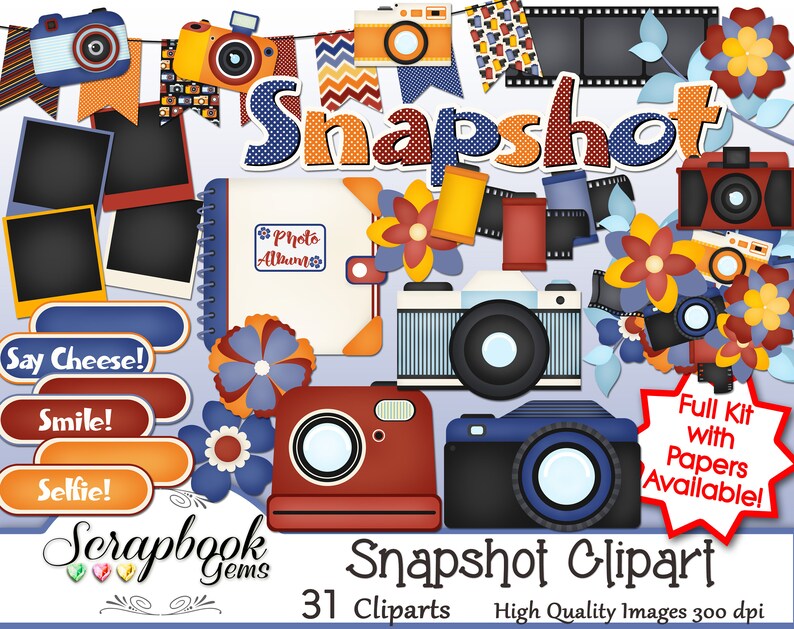 May include: A digital scrapbook clipart set with 31 images featuring cameras, film, flowers, and scrapbook elements in red, blue, yellow, and orange colors. The text "Snapshot Clipart" and "31 Cliparts" is included in the image. High quality images 300 dpi.