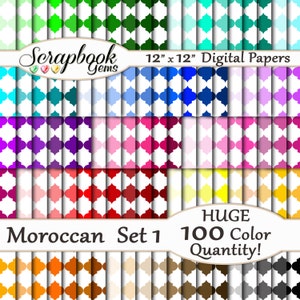 100 färger marockanska mönsterpapper, 100 stycken, 12" x 12", 300 dpi högkvalitativa JPEG-bilder, direktnedladdning för kommersiellt bruk, flerfärgat