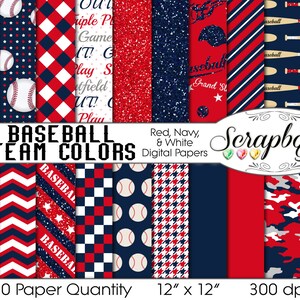 May include: 20 digital papers in red, navy, and white with baseball themes. The papers feature various patterns including stars, stripes, arrows, baseballs, bats, and checkerboards. The papers are 12 inches by 12 inches and 300 dpi.