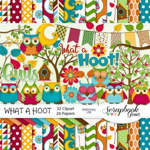 WHAT A HOOT EULEN Clipart and Papers Kit, 32 png Clip arts, 26 jpeg Papers Sofortiger Download Blätter Herbst Eulen Vögel Baum Vogelhaus Mond