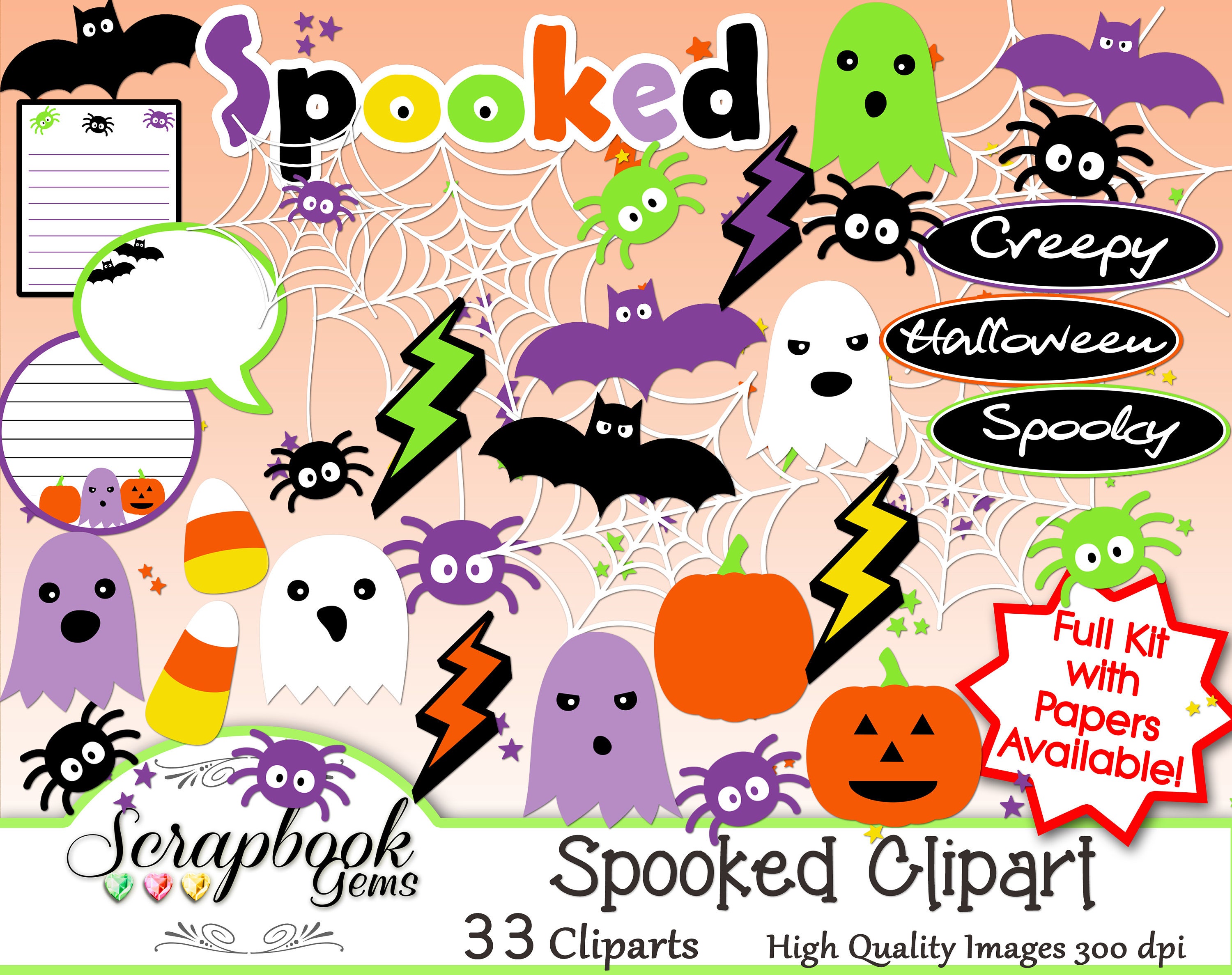 SPOOKED Halloween Clipart, 33 Png Clipart Files Instant Download Tags Ghost  Spider Web Bat Lightning Pumpkin Jack-o-lantern Candy Corn -  Australia