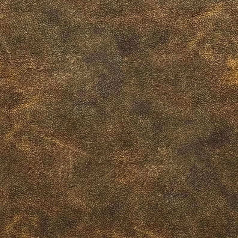 May include: Close-up of a textured, brown leather surface. The leather has a mottled appearance with variations in color, ranging from dark brown to lighter tan hues. The surface shows subtle imperfections and a natural grain.