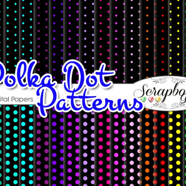32 Colorful POLKA DOT Papers, 12" x 12", 300 dpi High Quality JPEG files, Instant Download Neon rainbow black white polkadots spotty spots