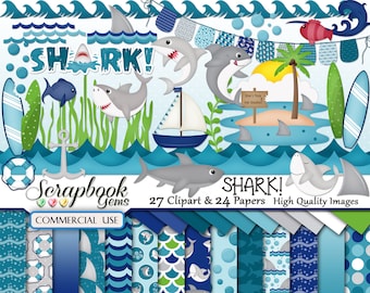 SHARK! Clipart & Papers Kit, 27 png Clipart files, 24 jpeg Paper files, Instant Download, beach, ocean, shark fin, tropical, surfboard water