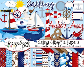 SAILING Clipart and Papers Kit, 33 png Clip arts, 22 jpeg Papers Instant Download nautical sail boat water waves lighthouse helm anchor