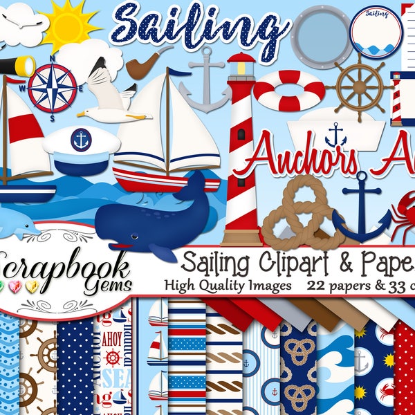 SAILING Clipart and Papers Kit, 33 png Clip arts, 22 jpeg Papers Instant Download nautical sail boat water waves lighthouse helm anchor