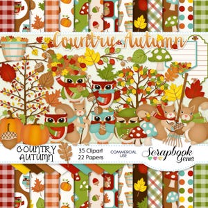 May include: A digital scrapbook kit with 35 clipart images and 22 patterned papers featuring owls, squirrels, pumpkins, acorns, mushrooms, and leaves in autumn colours. The kit is titled "Country Autumn" and includes the text "Scrapbook Gems" and "Commercial Use".